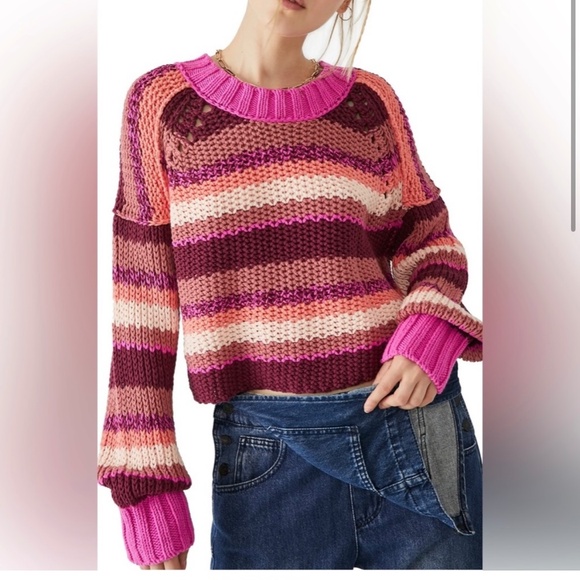 Free People Fuchsia Rose Combo Devon Open Knit Cropped Sweater Women X Small New - Picture 1 of 6